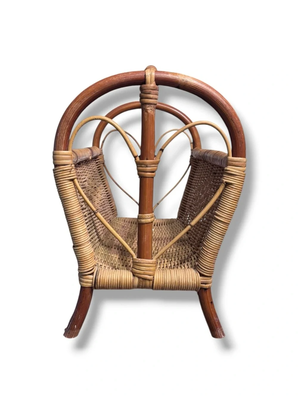 VINTAGE Bamboo Wicker Rattan Woven Magazine Holder Heart End Details